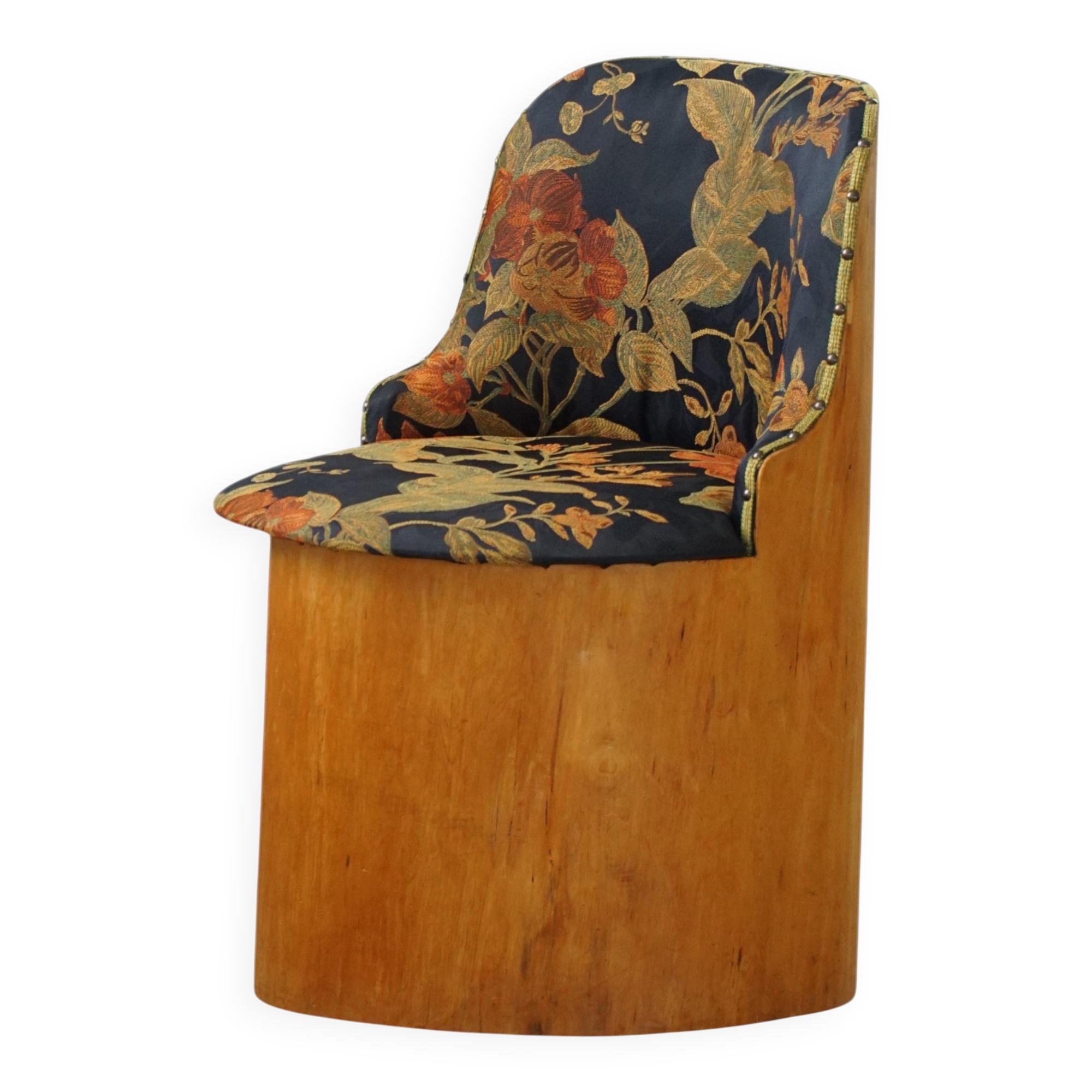 Swedish stump chair / "Kubstol" in pine and floral upholstery, mid-20th century