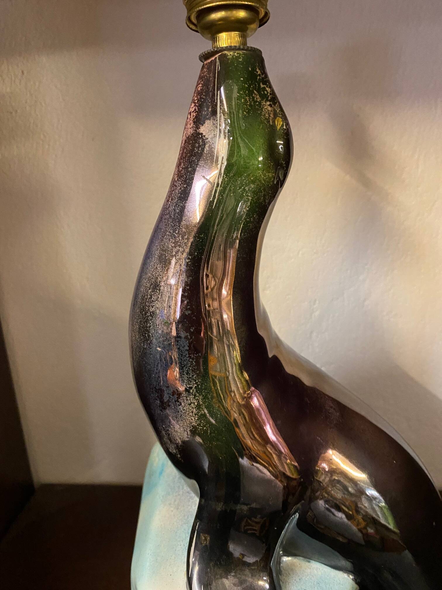 1950s Ceramic Sea Lion Lamp with Black Varnished Enamel, Signed