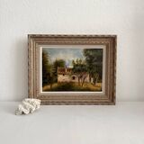 Old oil painting on cardboard landscape with house signed