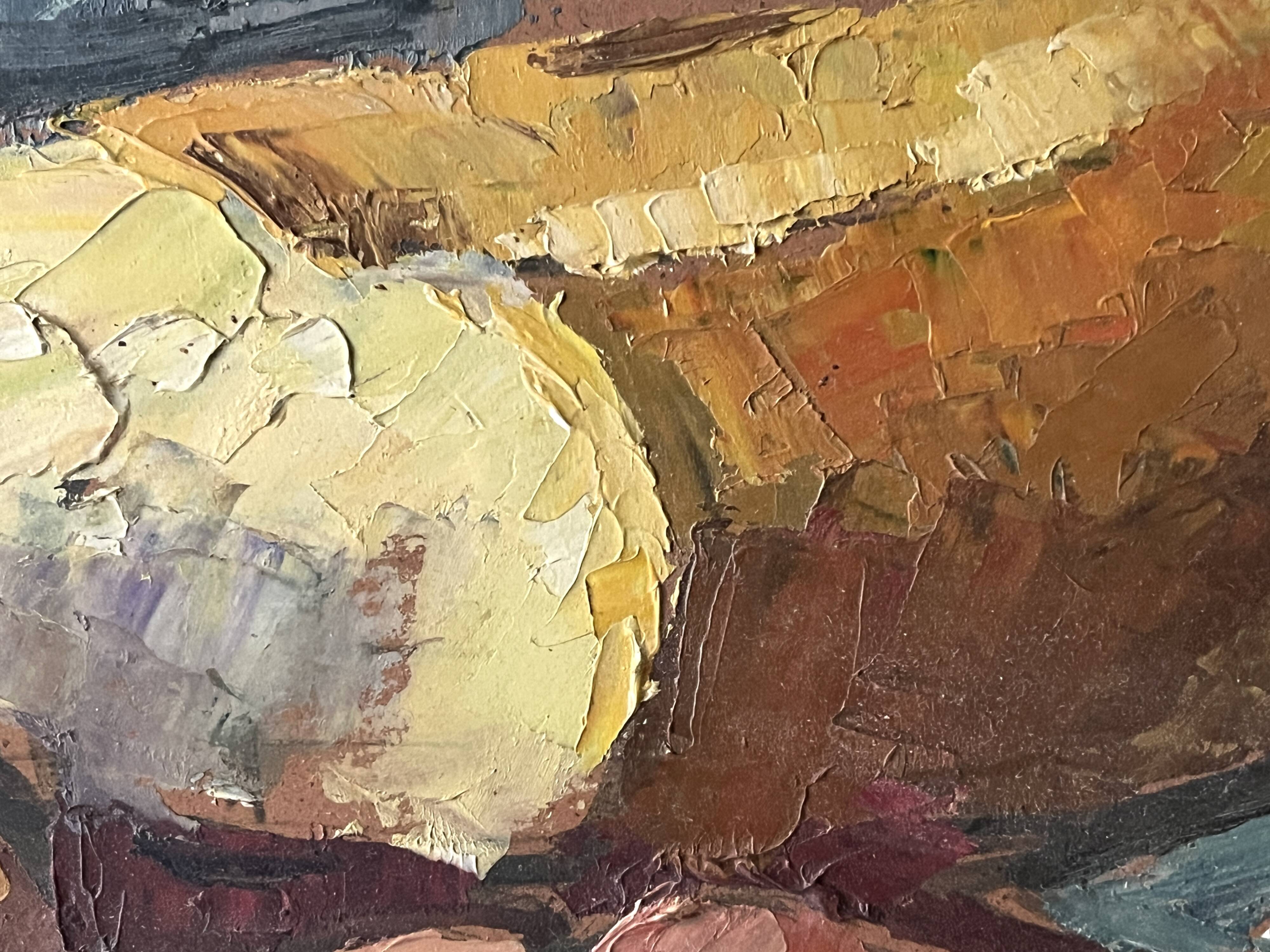 Oil on canvas still life with a baguette and sausage from the 1940s.