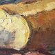 Oil on canvas still life with a baguette and sausage from the 1940s.