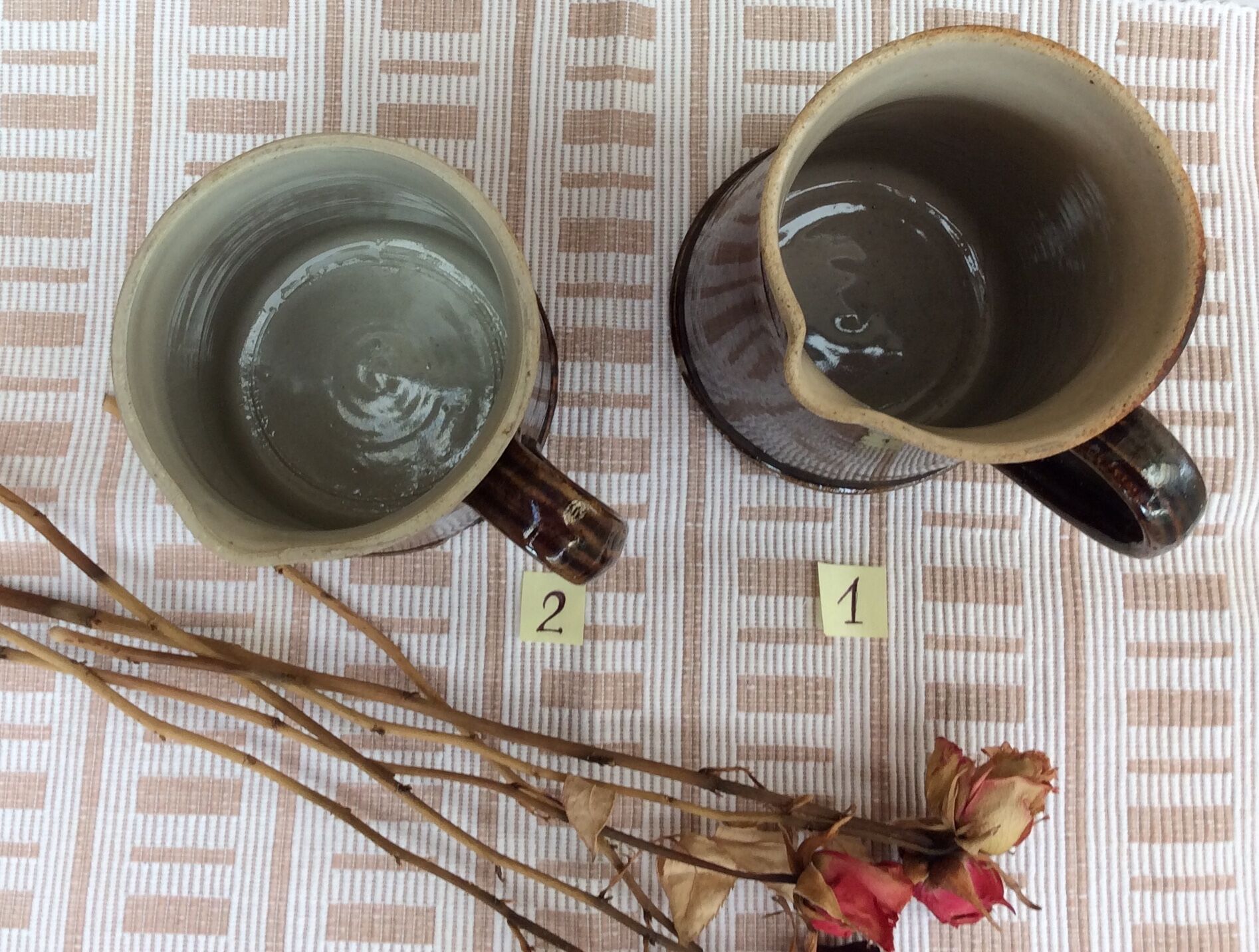 Set of 2 pitchers with enamelled sandstone spout, 50s