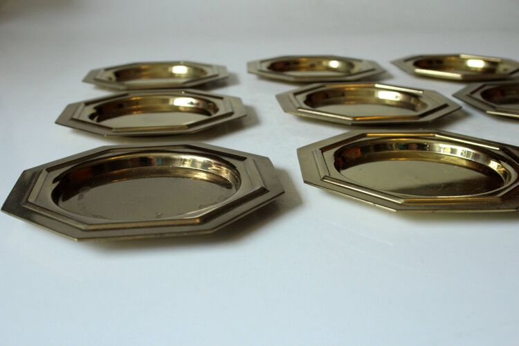 9 brass coasters, octagonal, vintage from the 1970s