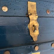 Old vintage blue & gold wood storage chest #a127