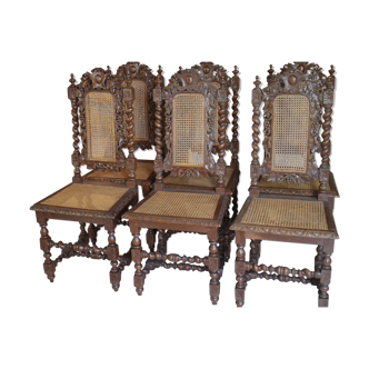 Series of 6 chairs Louis Xlll wood and cannage