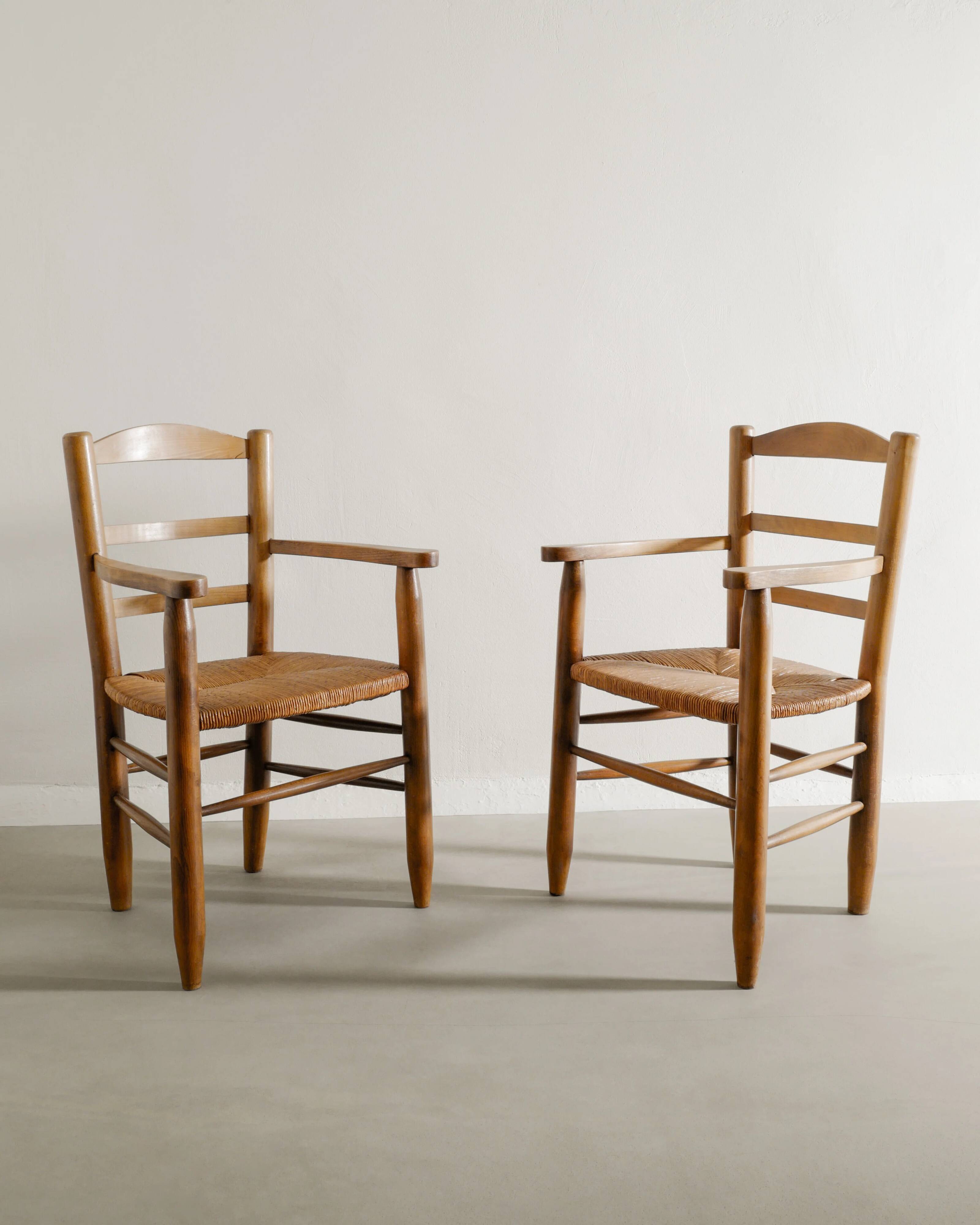 Vintage French Mid Century Wooden Armchairs in Elm & Rattan, 1950s