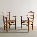 Vintage French Mid Century Wooden Armchairs in Elm & Rattan, 1950s