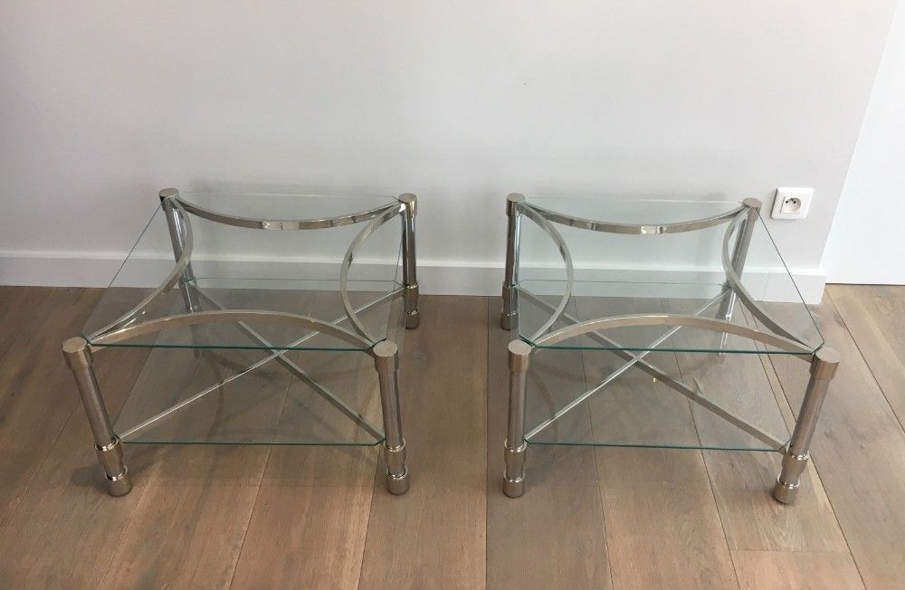 Pair of chrome side tables and glass slabs
