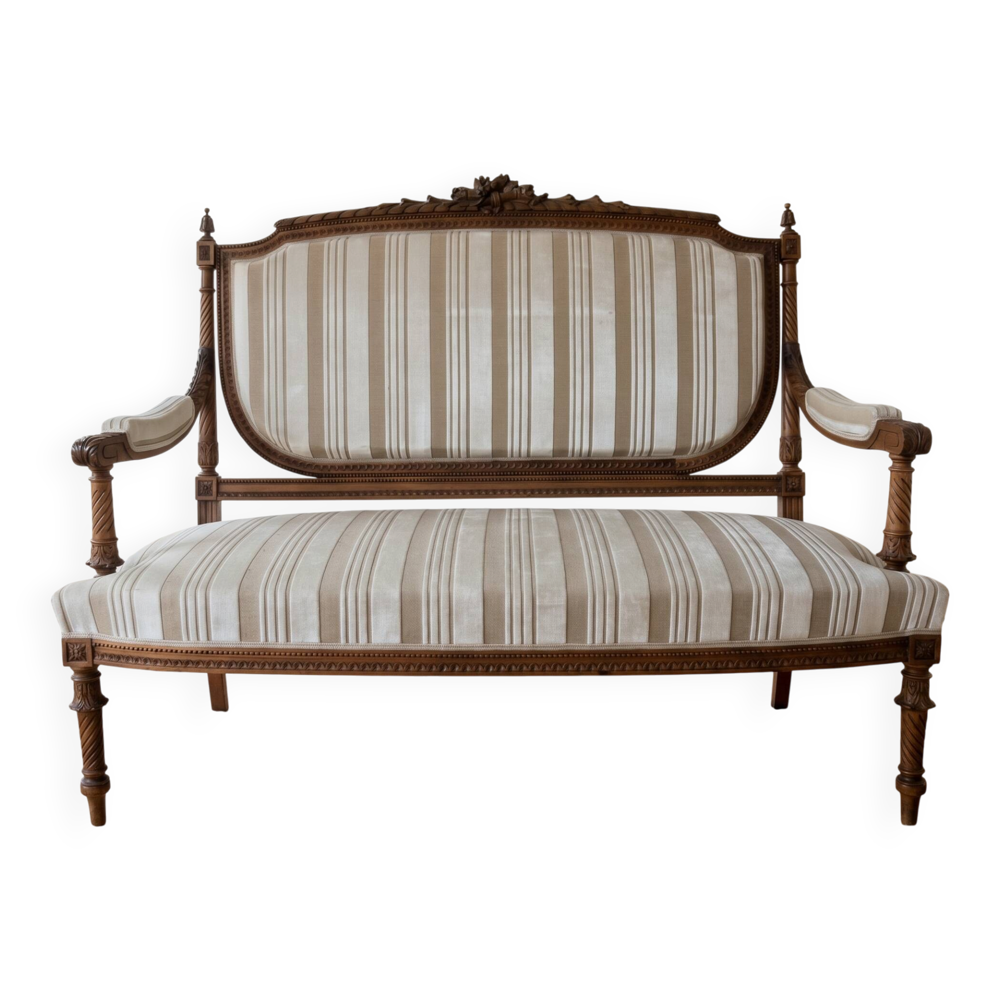 Louis XV style classic canapé reupholstered in striped beige fabric.