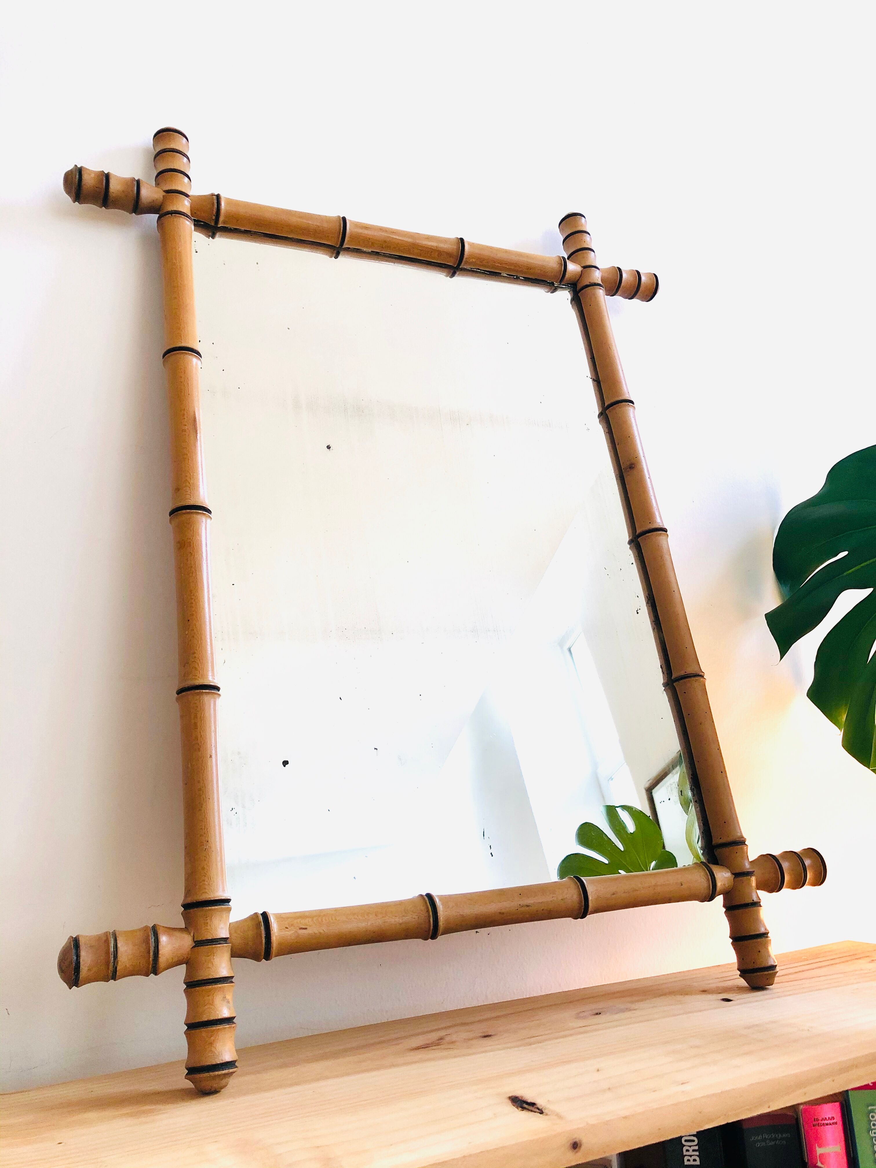Fake bamboo wooden mirror 85 x 65 cm