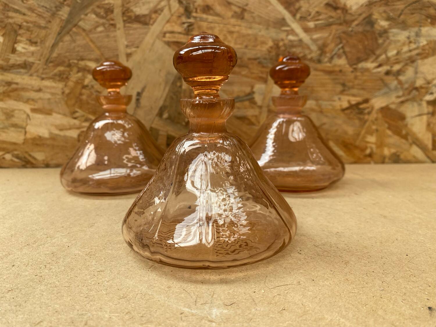 Set of 3 old perfume bottles + vintage pink molded glass stopper #b470