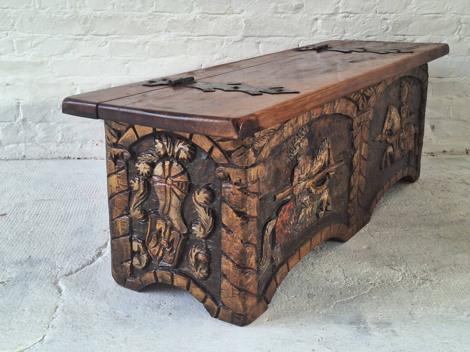 Artes de México Spanish colonial wood and iron carved painted coffer, 1940s