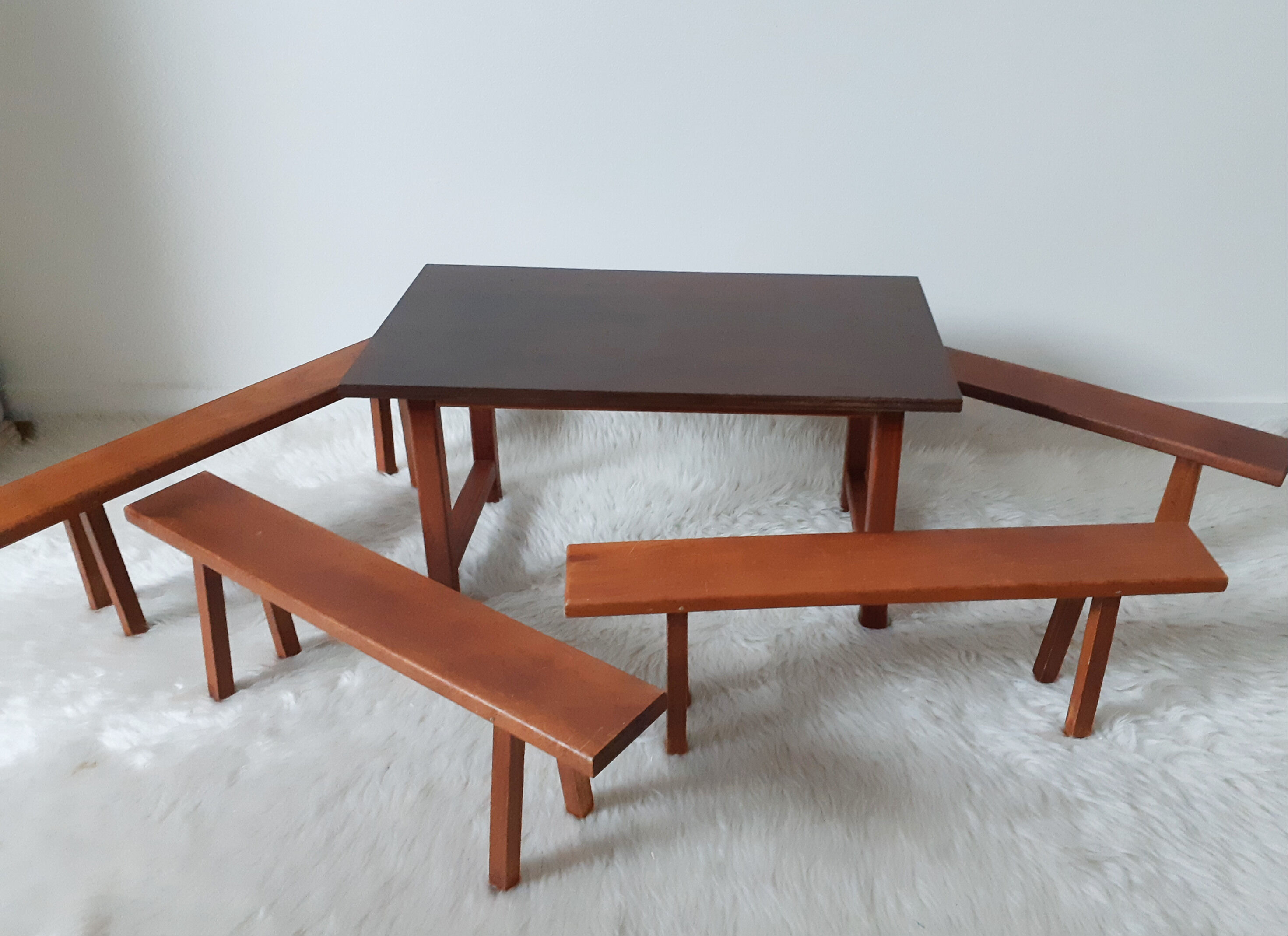 Vintage doll table and chairs, wooden, living room Dejou doll