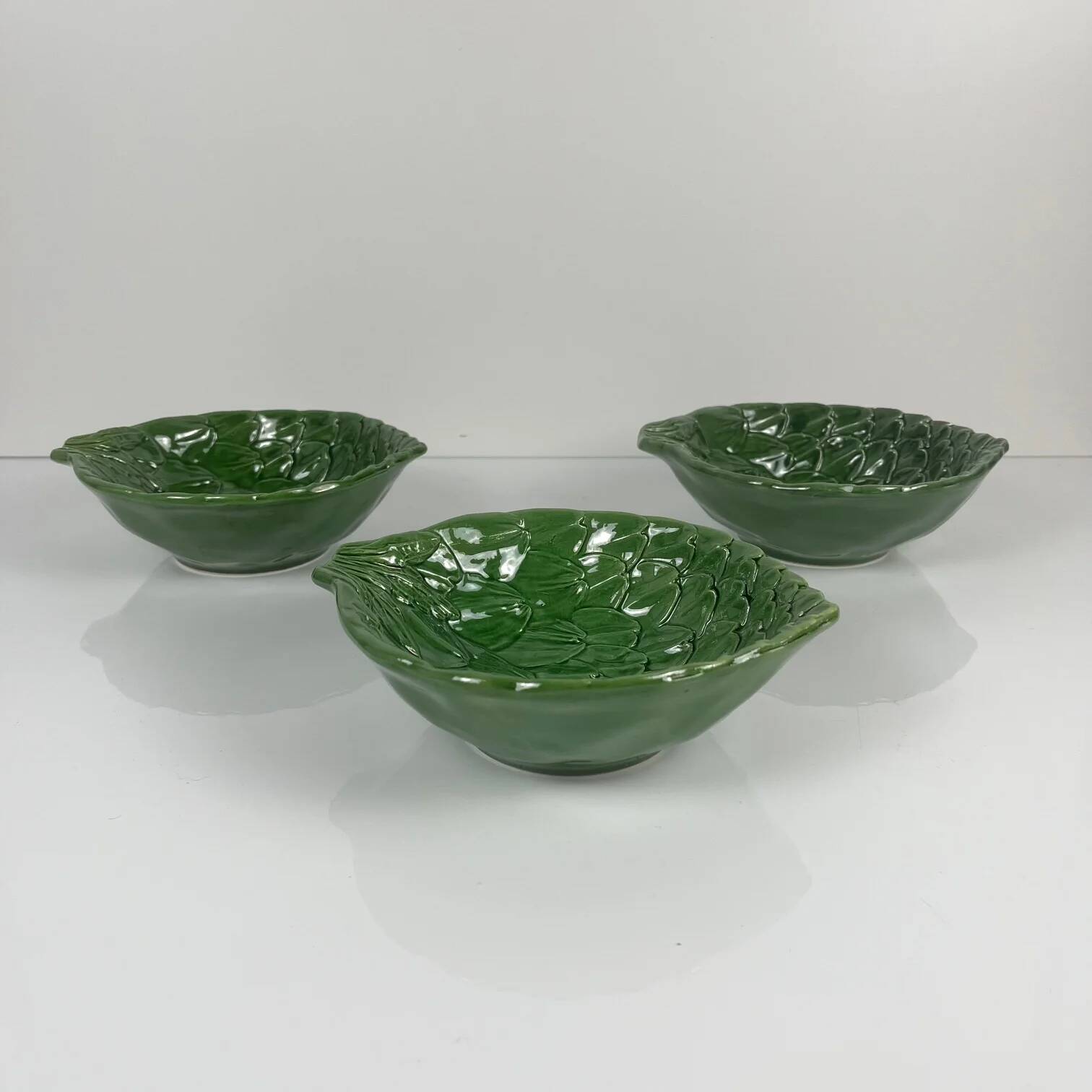 Set of 3 green leaf artichoke barbotine bowls vintage 70s