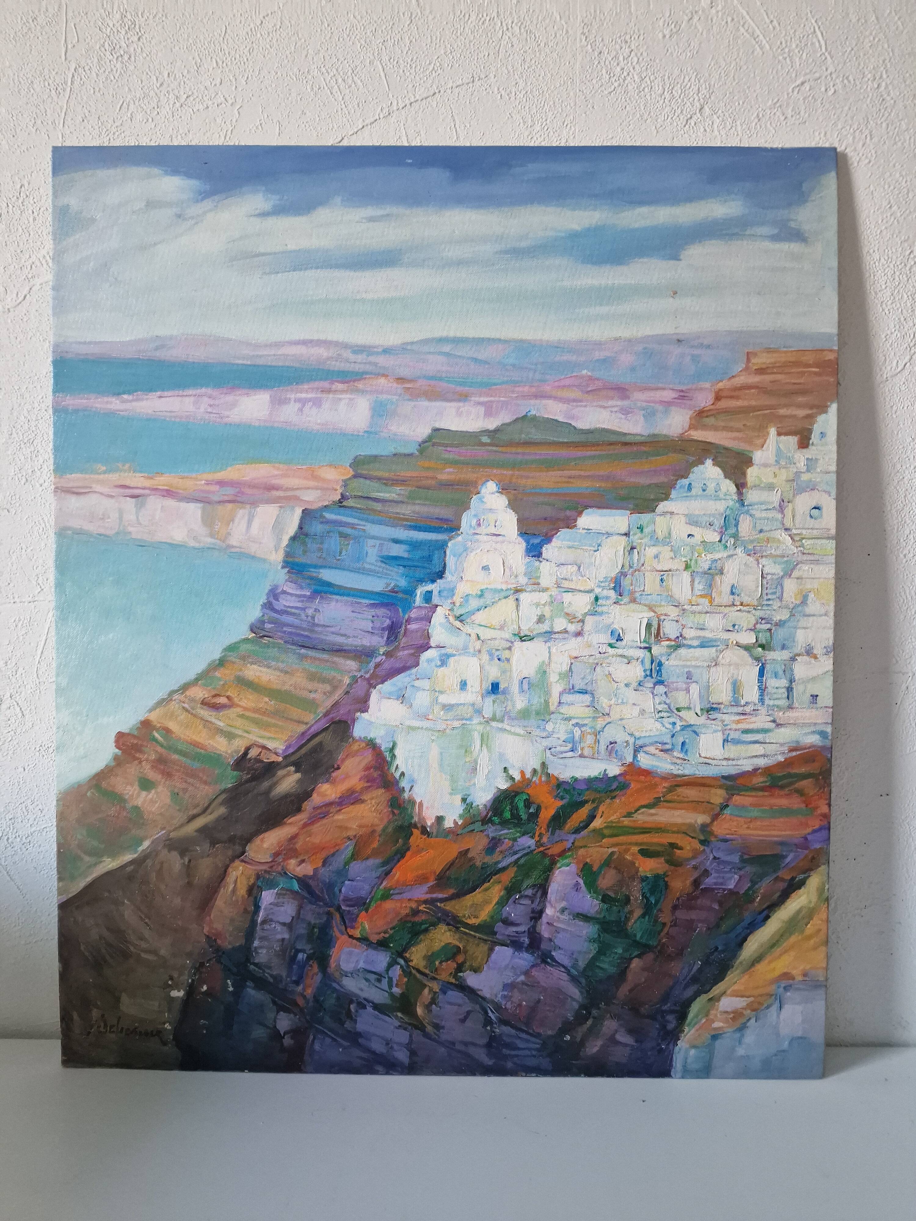 Vintage landscape painting of Greece Santorini island