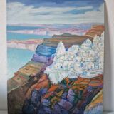 Vintage landscape painting of Greece Santorini island