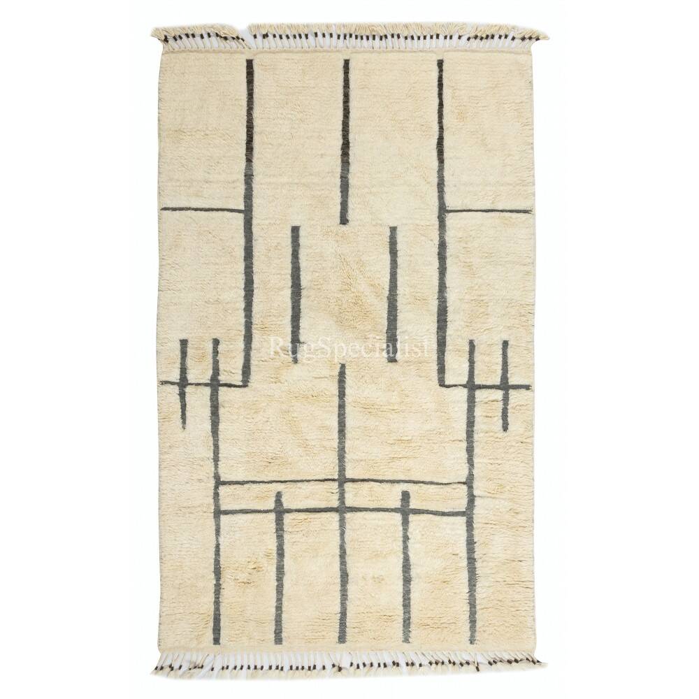 Handmade Moroccan style Tulu Rug Made of Natural Un-Dyed Wool, Beige Color Modern Hand Knotted Carpet with Fringe