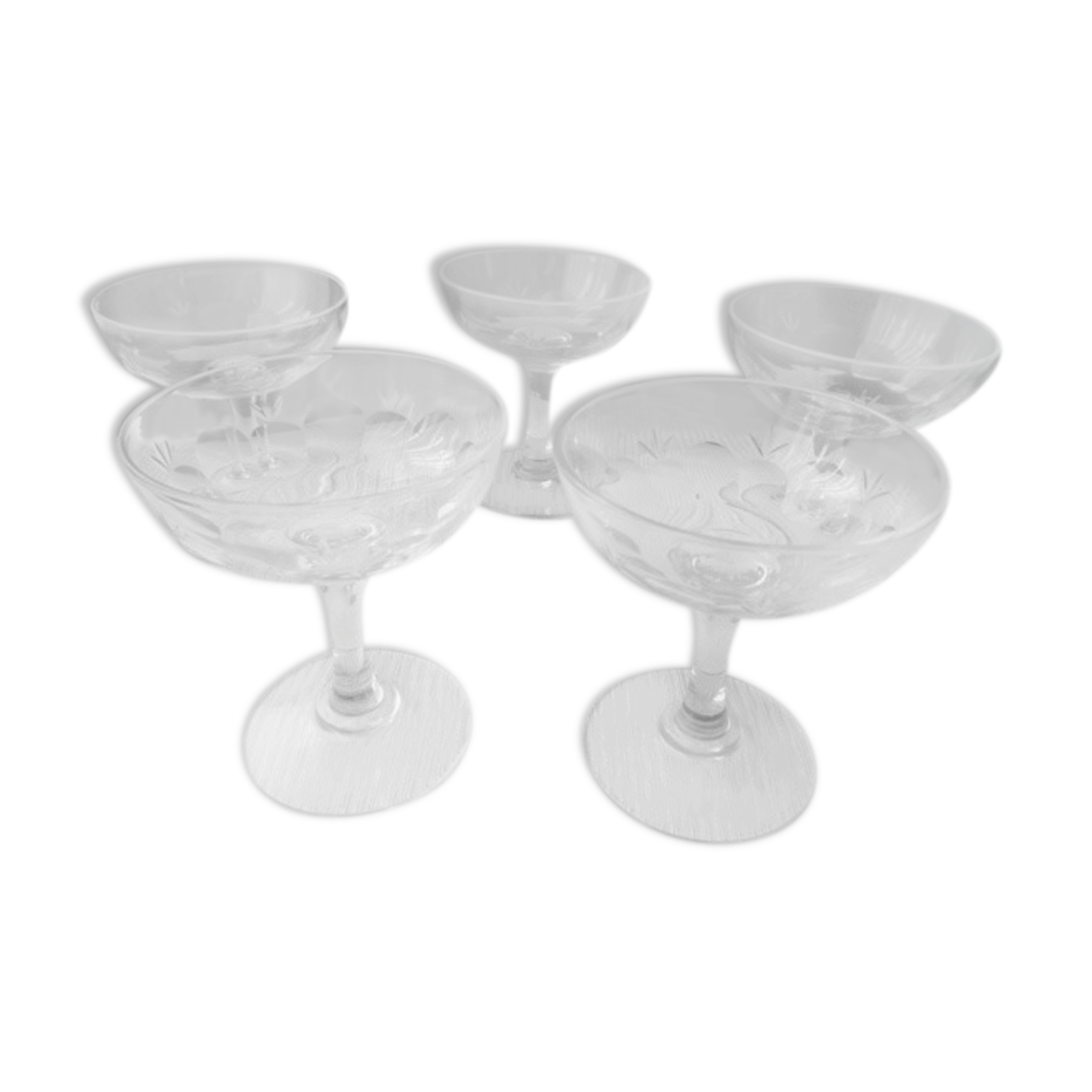 Set de 5 coupes à champagne anciennes en verre soufflé
