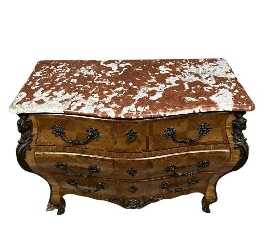 Louis XV style chest of drawers with curved caryatids on all sides in marquetry