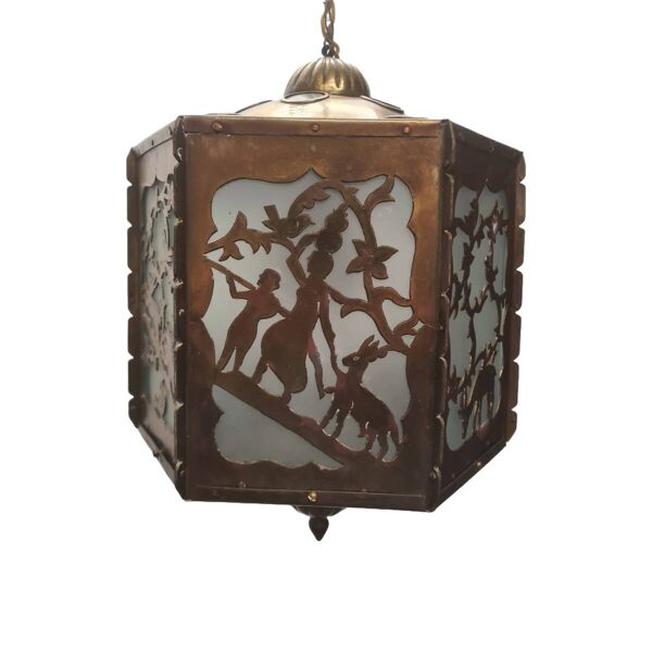 Lampe à suspension antique en laiton scié ajouré, début des années 1900