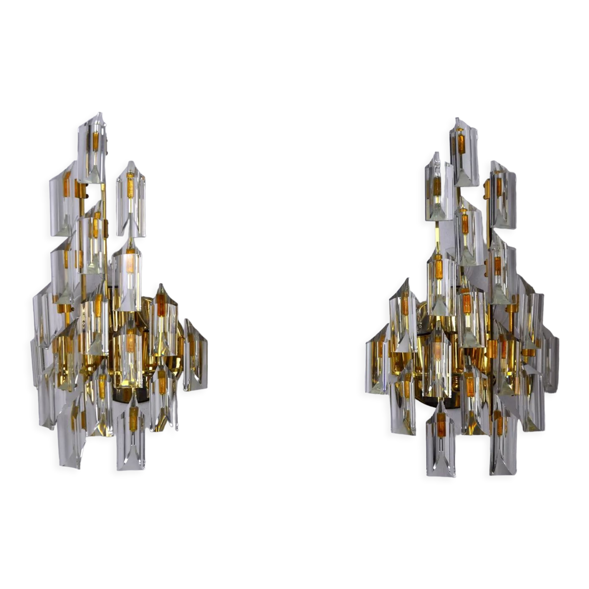 Pair of oscar torlasco wall lamps, triedri glass, italy, 1970