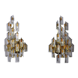 Pair of oscar torlasco wall lamps, triedri glass, italy, 1970