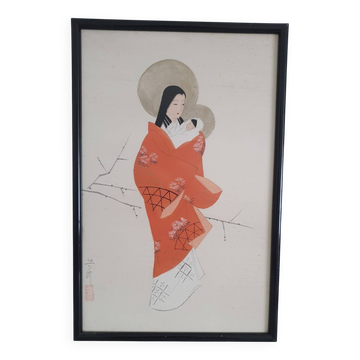 Japanese gouache painting on silk - 1930s