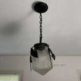 Antique glass and wrought iron pendant light with ivy decor Art Deco chandelier globe