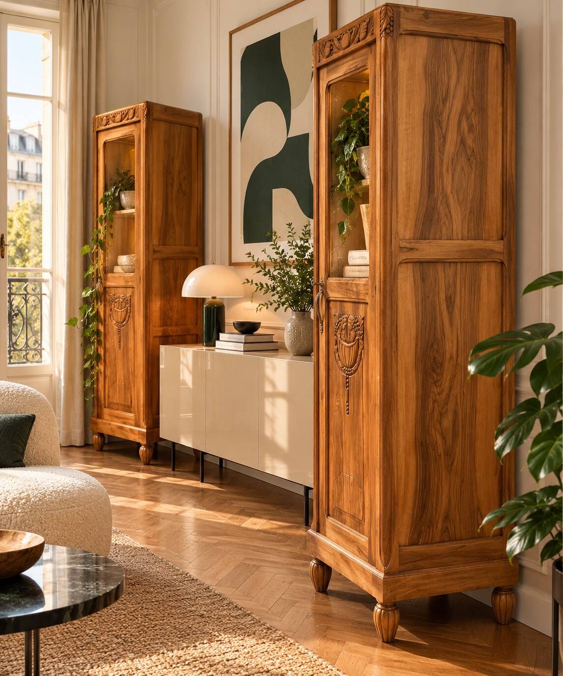 Rare pair of Art Deco glass columns in solid walnut – renovated
