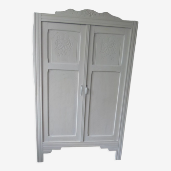 Art deco wardrobe 2 doors patinated pearl gray, possibility of wardrobe or lingerie dresser