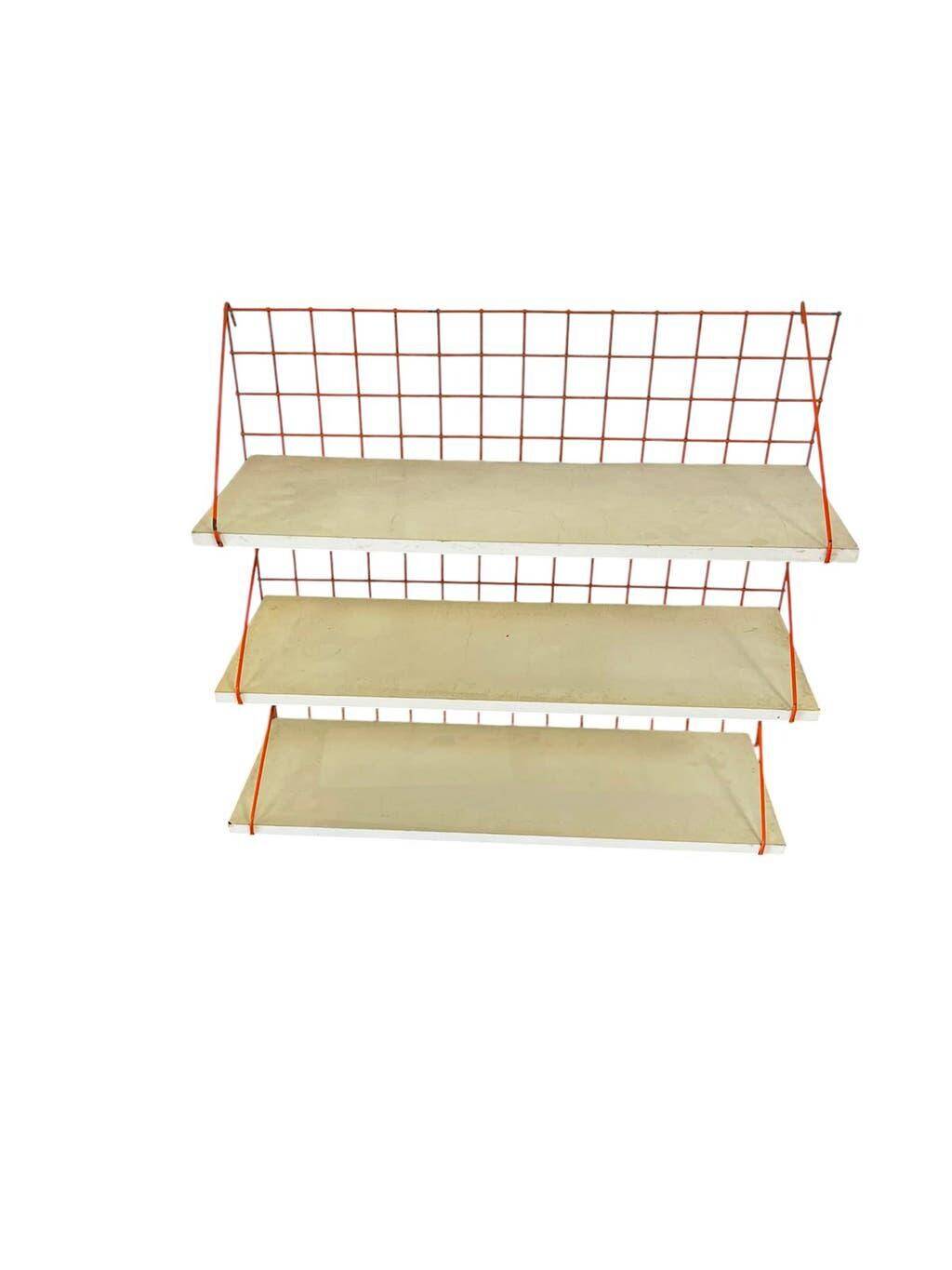 Vintage orange-red multi-level wall shelf with grid