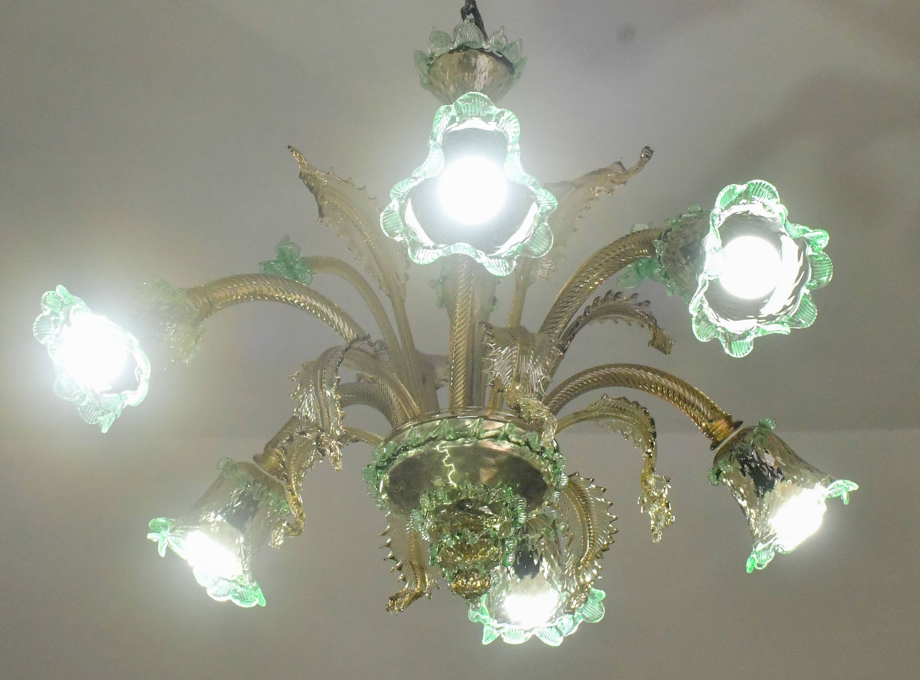 6 arms vintage Venetian chandelier, green Murano glass, 1950s