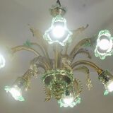 6 arms vintage Venetian chandelier, green Murano glass, 1950s