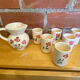Old Service Juice Jug + 6 White Ceramic Glasses with Flower Wine Decor