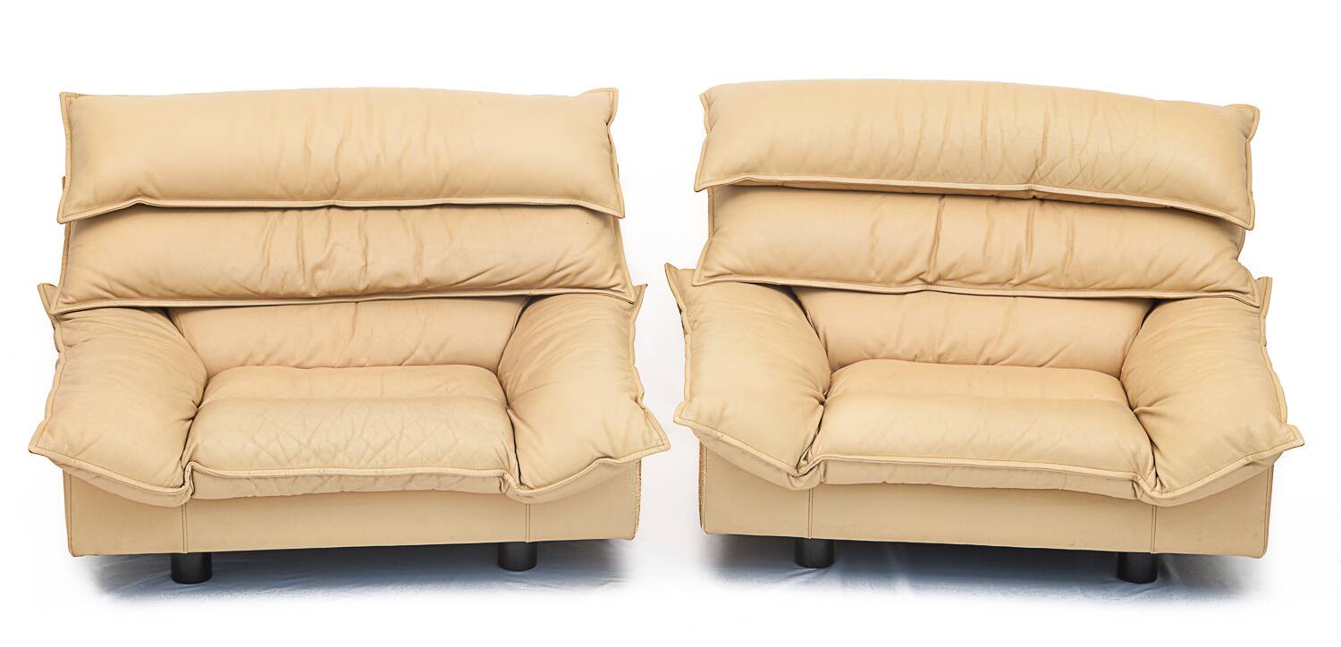 Duo of leather armchairs by Bernard Massot, 1970