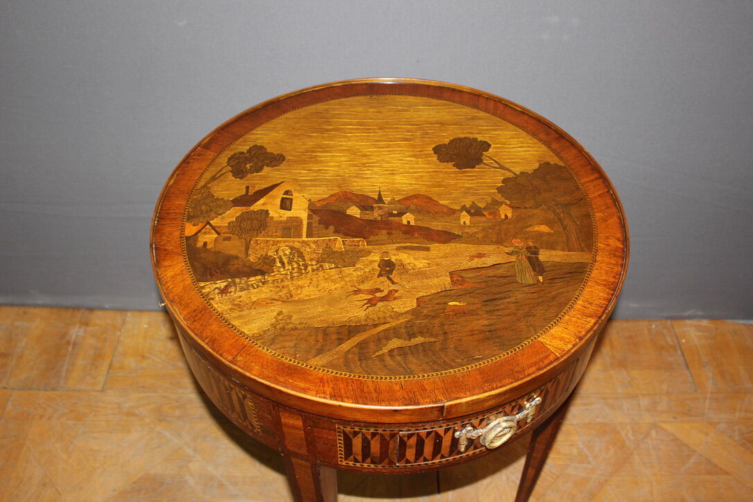 Louis xvi style hot water bottle table in marquetry around 1900