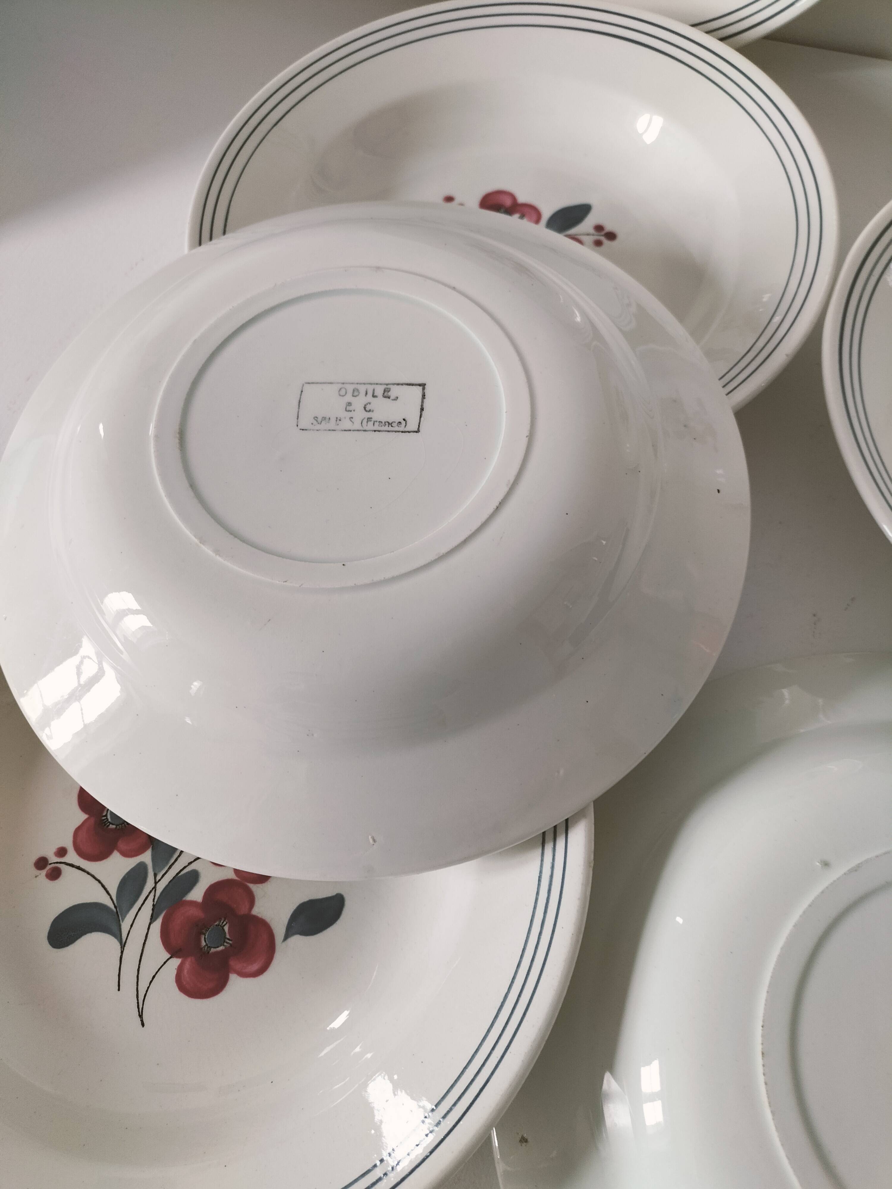 7 Salins Odile soup plates – raspberry flowers & blue border