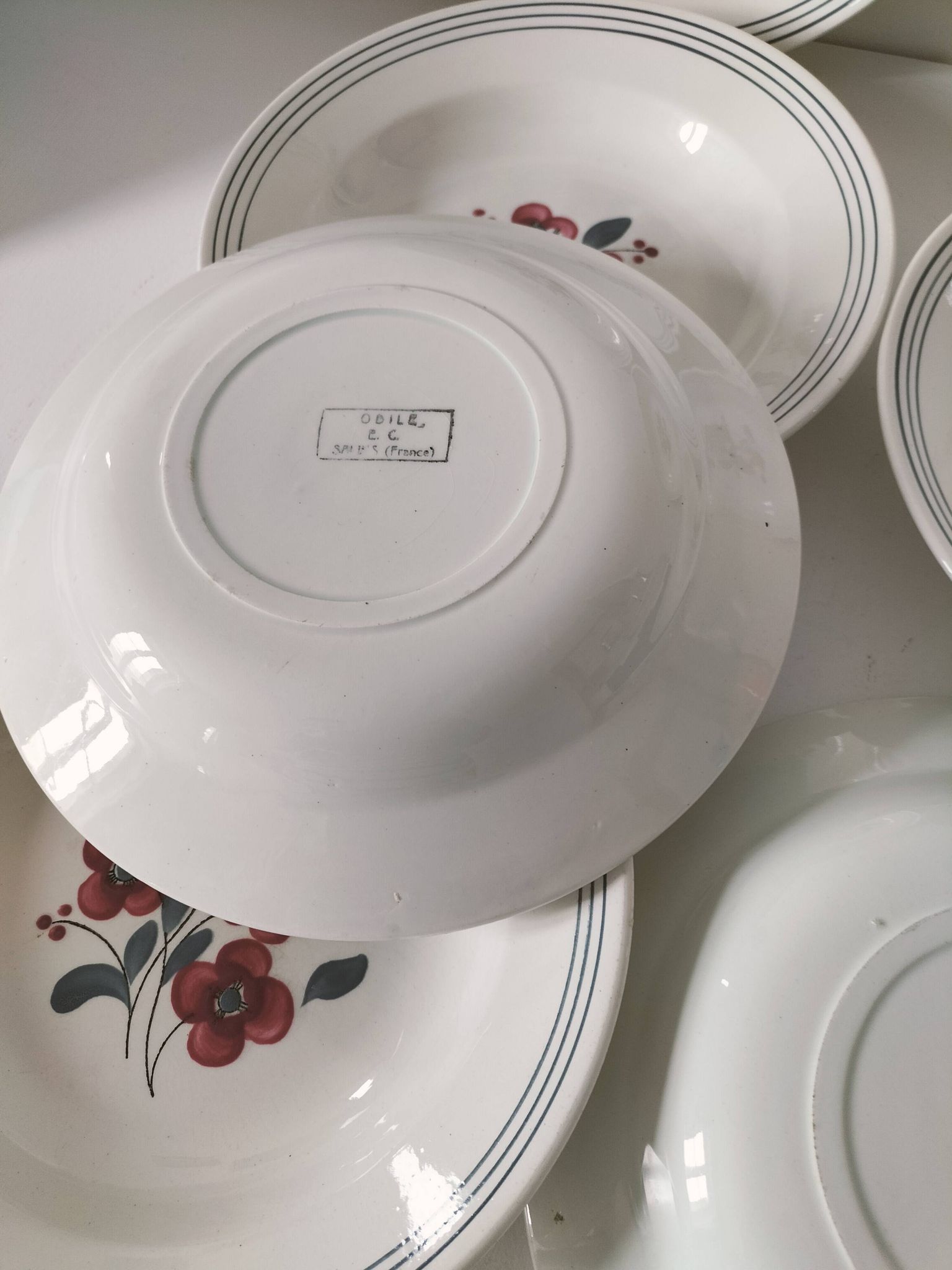 7 Salins Odile soup plates – raspberry flowers & blue border