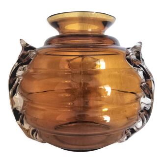 Art Deco glass vase with 3 mouth-blown applications, Czechoslovakia, year 1950