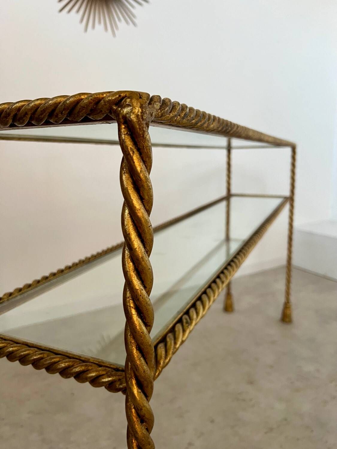 Antique console table in twisted gilded brass and glass Italian design from the 60s vintage table