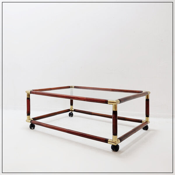 Table basse en bambou et laiton avec plateau en verre, années 60