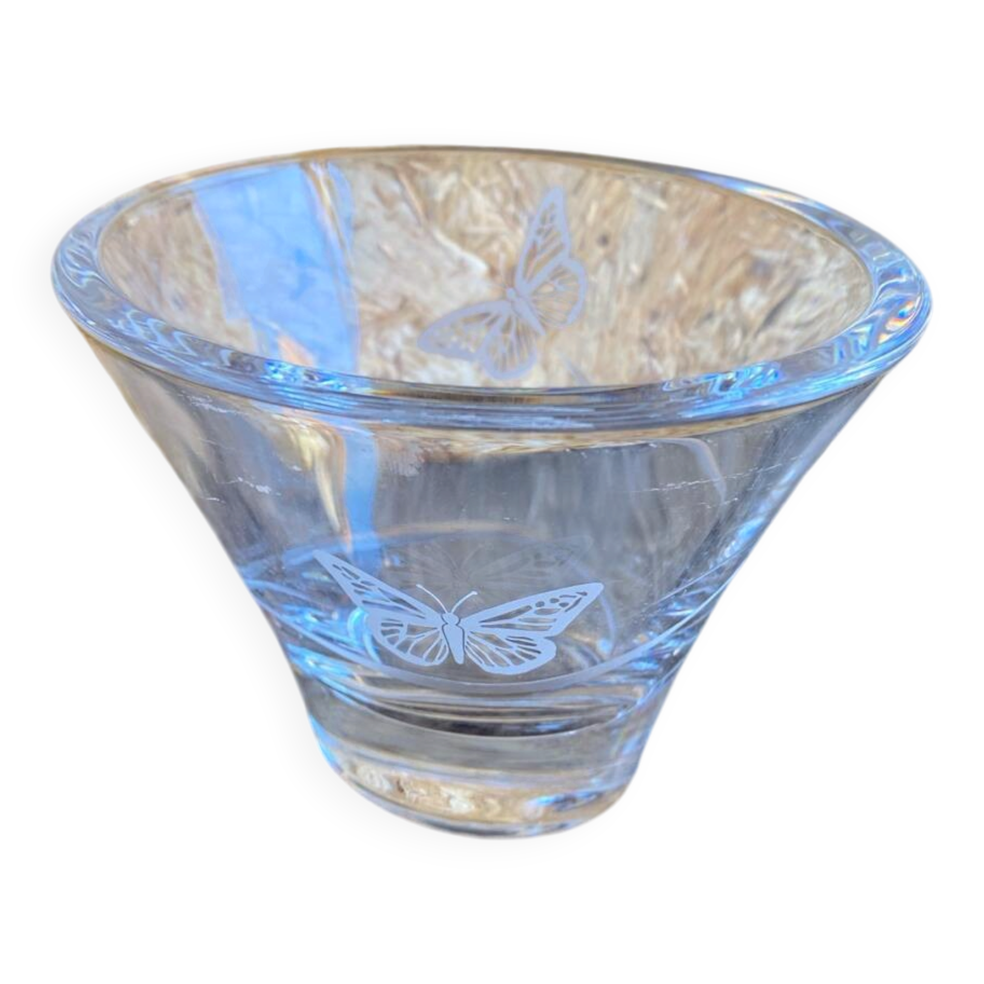 Old cut crystal d'arques pocket bowl with engraved butterfly decoration vintage