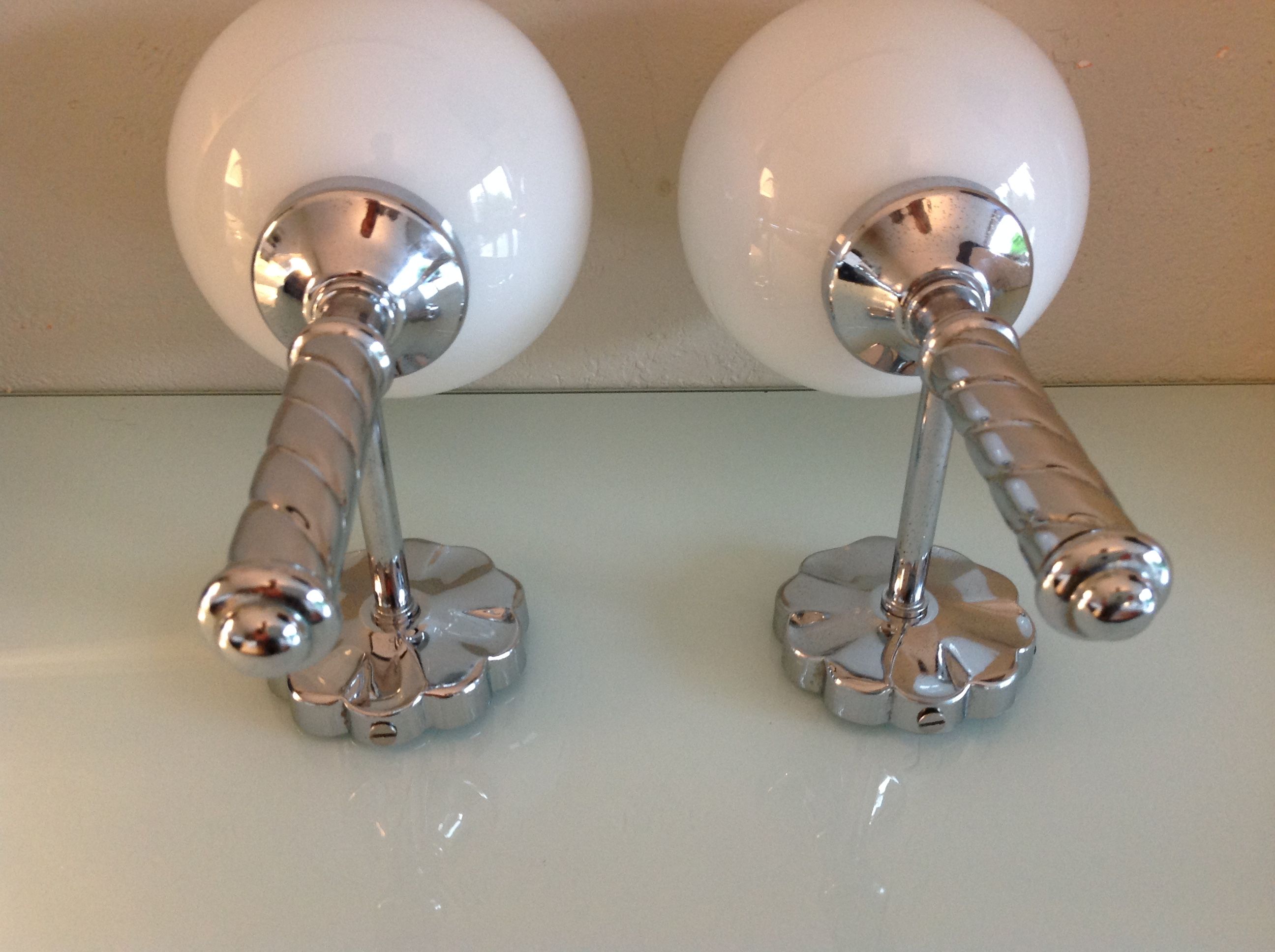 Pair of globe wall lamps in white opaline and chrome/vintage metal 70s