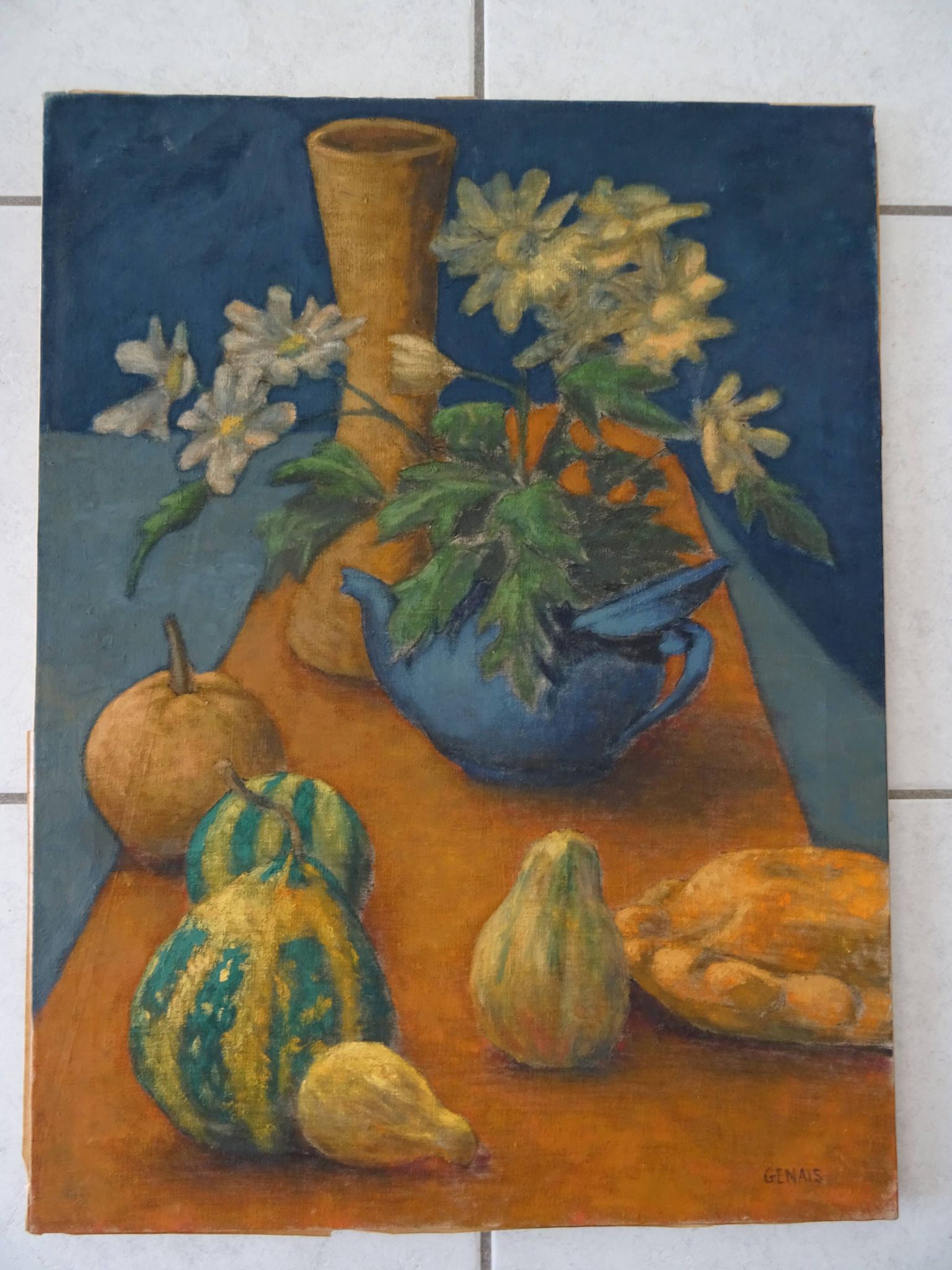 Tableau nature morte au bouquet de fleurs et légumes HST signé