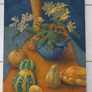 Tableau nature morte au bouquet de fleurs et légumes HST signé