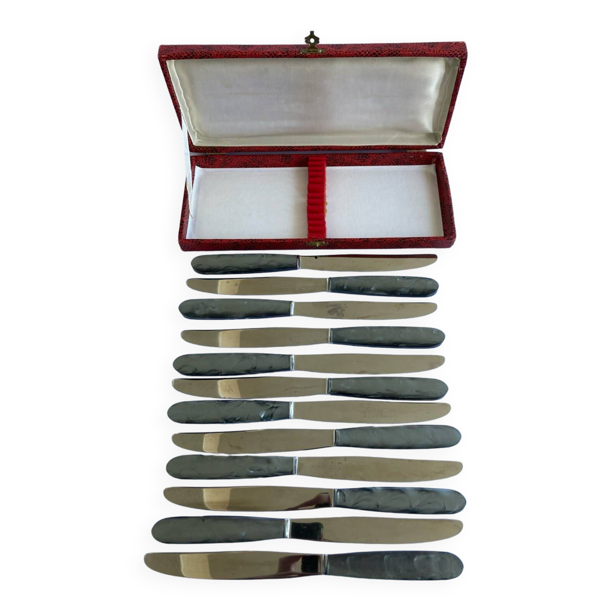 12 Stainless steel blade knives with round tips / Bakelite handles with pearl effect / Prulhière La Béquille + Box / 1950s