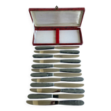 12 Stainless steel blade knives with round tips / Bakelite handles with pearl effect / Prulhière La Béquille + Box / 1950s