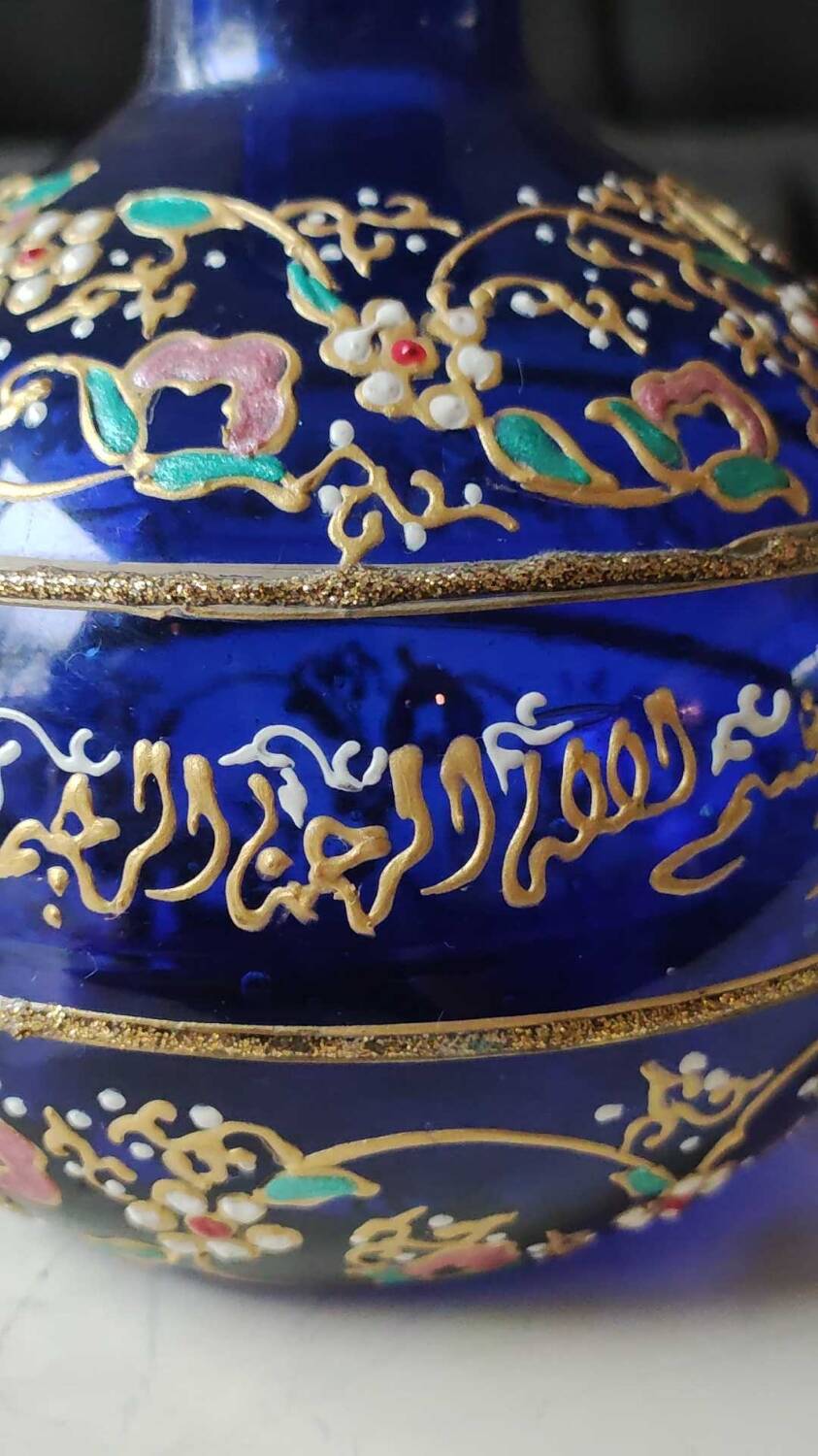 Cobalt blue ball vase/Hand painted floral motifs & raised gold edging