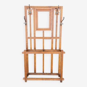 Large clothing rack/bistro mirror coat rack in oak - France 1950