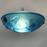 Ancien lustre, suspension vasque Art Déco 1 Feu, en pâte de verre bleu.